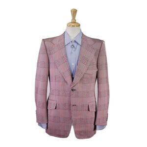 Vintage Mens Red Plaid Polyester 60s 70s 2-Btn Blazer Jacket 38R